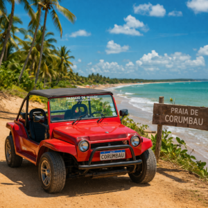 Buggy vermelho estacionado com vista para a Praia de Corumbau, com mar azul, coqueiros e faixa de areia ao fundo, na Bahia